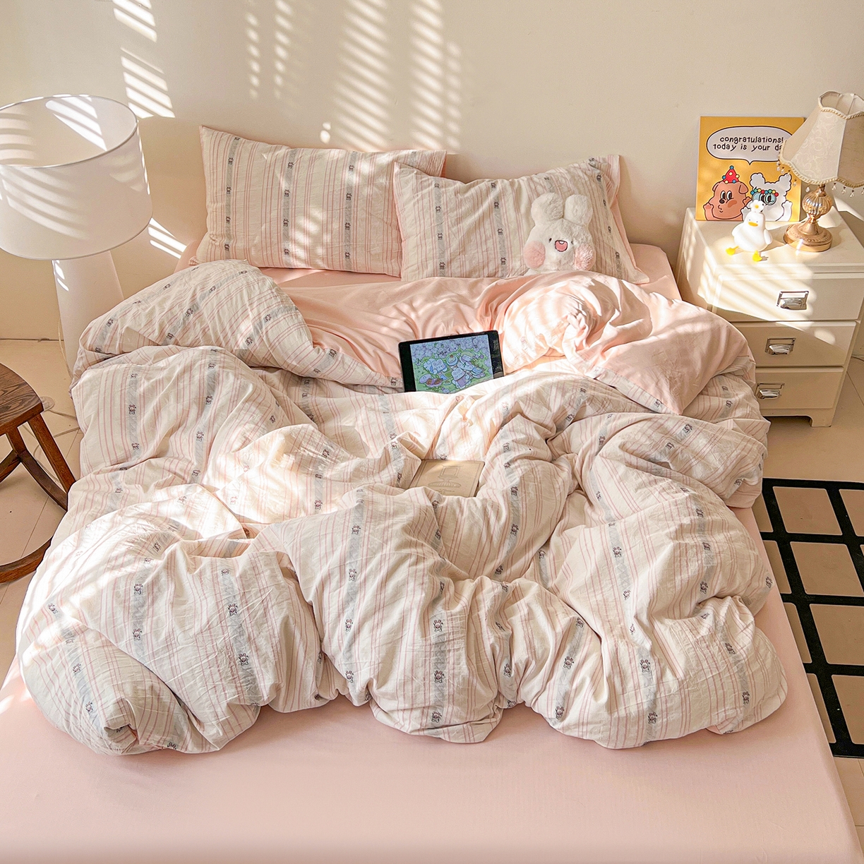 91家纺网 家纺一手货源 找家纺 （总）锦彩家居 2026新款全棉色织提花剪花四件套小清新ins风小红书推荐——甜悠系列（提供买家秀）