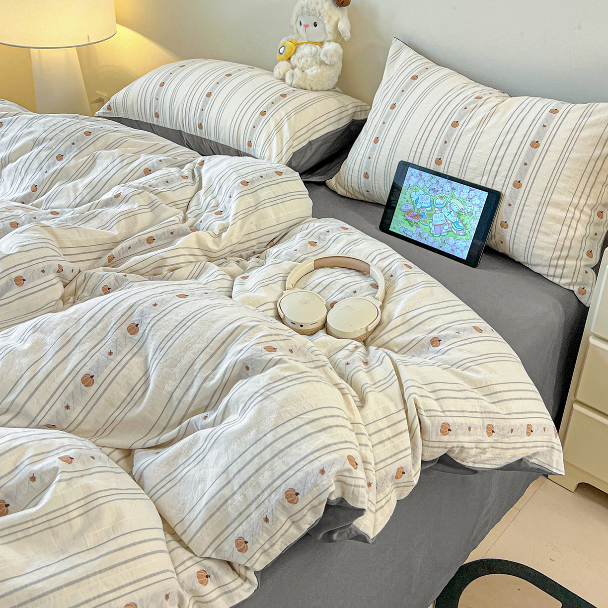 锦彩家居 2026新款全棉色织提花剪花四件套小清新ins风小红书推荐——甜悠系列（提供买家秀） 小南瓜-灰