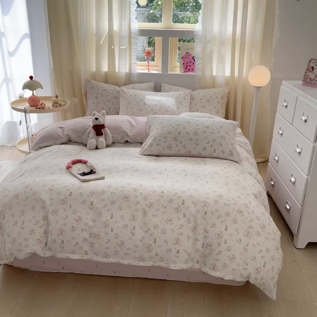 91家纺网 家纺一手货源 找家纺 呗旺鹿 2026新款全棉40支12868花草系列四件套 花园兔