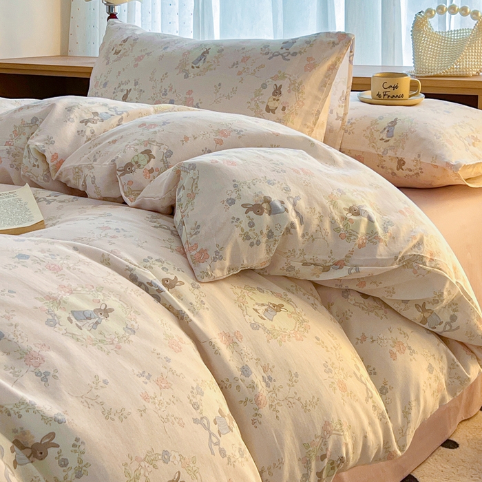 91家纺网 家纺一手货源 找家纺 一比一家纺 2026新款全棉双层纱四件套 安琪拉兔