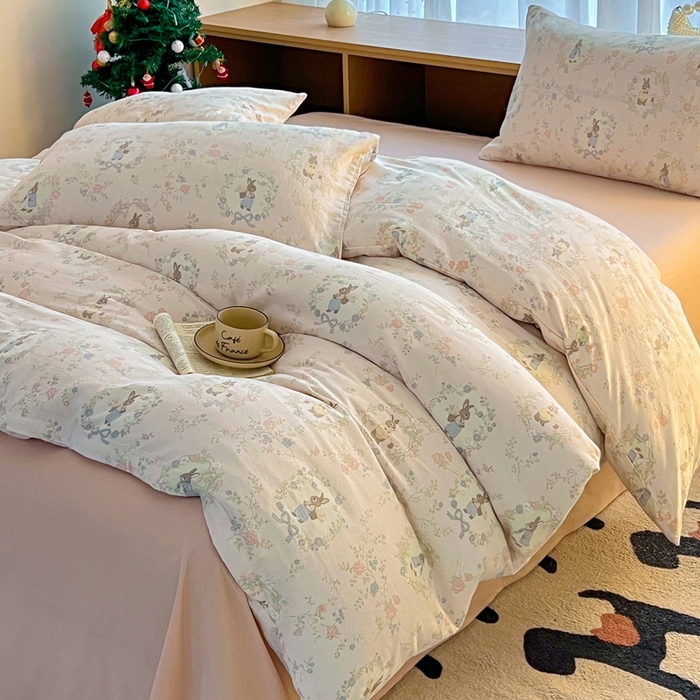 91家纺网 家纺一手货源 找家纺 一比一家纺 2026新款全棉双层纱四件套 安琪拉兔