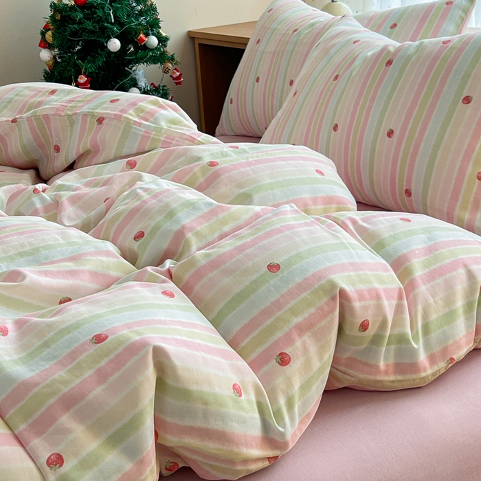 91家纺网 家纺一手货源 找家纺 一比一家纺 2026新款全棉双层纱四件套 草莓酱