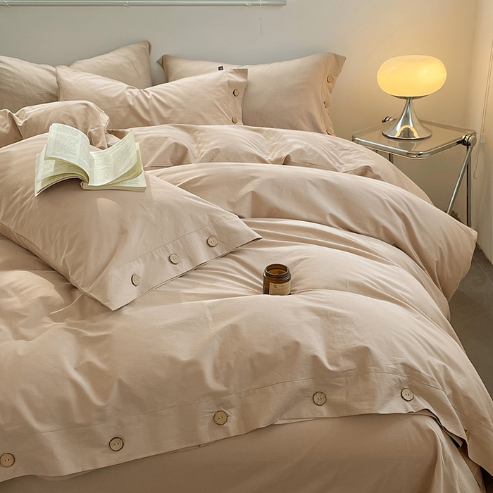 yyds网供 2026新款A类仿汉麻棉麻纽扣款单品床单被套复古100%水洗棉无印风三件套酒店民宿 纽扣奶油咖