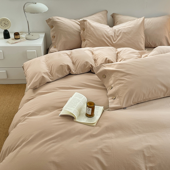 91家纺网 家纺一手货源 找家纺 yyds网供 2026新款A类仿汉麻棉麻纽扣款单品床单被套复古100%水洗棉无印风三件套酒店民宿 纽扣奶油咖