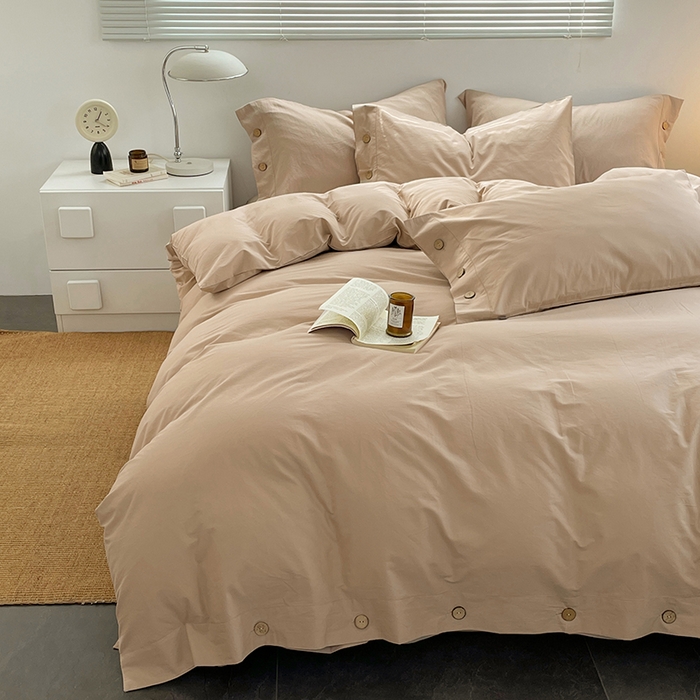 91家纺网 家纺一手货源 找家纺 yyds网供 2026新款A类仿汉麻棉麻纽扣款单品床单被套复古100%水洗棉无印风三件套酒店民宿 纽扣奶油咖