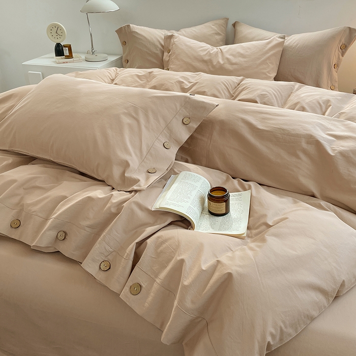 91家纺网 家纺一手货源 找家纺 yyds网供 2026新款A类仿汉麻棉麻纽扣款单品床单被套复古100%水洗棉无印风三件套酒店民宿 纽扣奶油咖