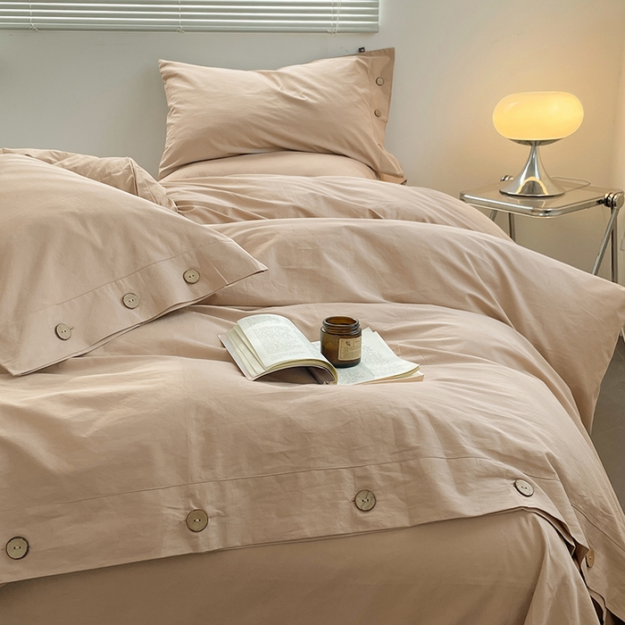 91家纺网 家纺一手货源 找家纺 yyds网供 2026新款A类仿汉麻棉麻纽扣款单品床单被套复古100%水洗棉无印风三件套酒店民宿 纽扣奶油咖