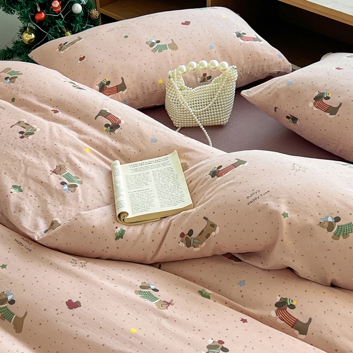 一比一家纺 2026新款全棉双层纱四件套 狗狗派对