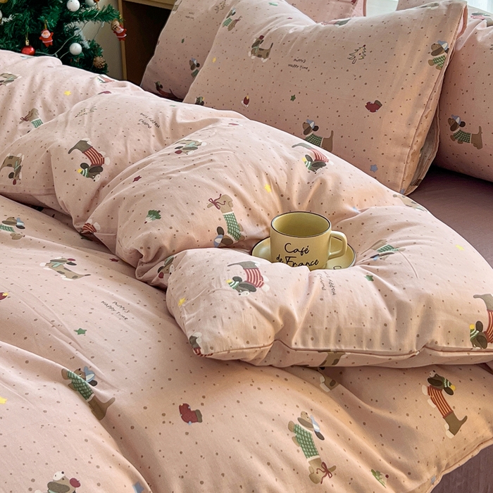 91家纺网 家纺一手货源 找家纺 一比一家纺 2026新款全棉双层纱四件套 狗狗派对