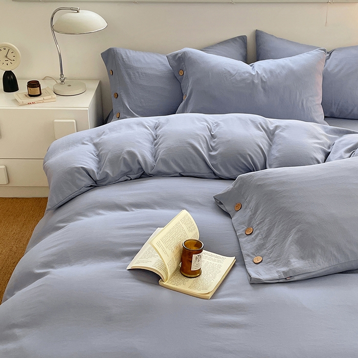 91家纺网 家纺一手货源 找家纺 yyds网供 2026新款A类仿汉麻棉麻纽扣款单品床单被套复古100%水洗棉无印风三件套酒店民宿 纽扣牛仔兰