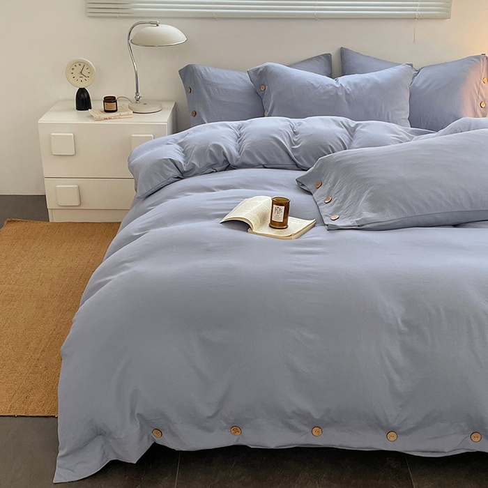 91家纺网 家纺一手货源 找家纺 yyds网供 2026新款A类仿汉麻棉麻纽扣款单品床单被套复古100%水洗棉无印风三件套酒店民宿 纽扣牛仔兰