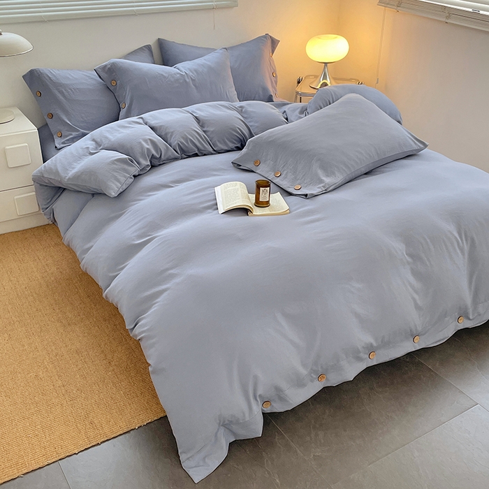 91家纺网 家纺一手货源 找家纺 yyds网供 2026新款A类仿汉麻棉麻纽扣款单品床单被套复古100%水洗棉无印风三件套酒店民宿 纽扣牛仔兰