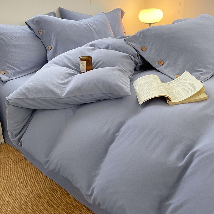 91家纺网 家纺一手货源 找家纺 yyds网供 2026新款A类仿汉麻棉麻纽扣款单品床单被套复古100%水洗棉无印风三件套酒店民宿 纽扣牛仔兰