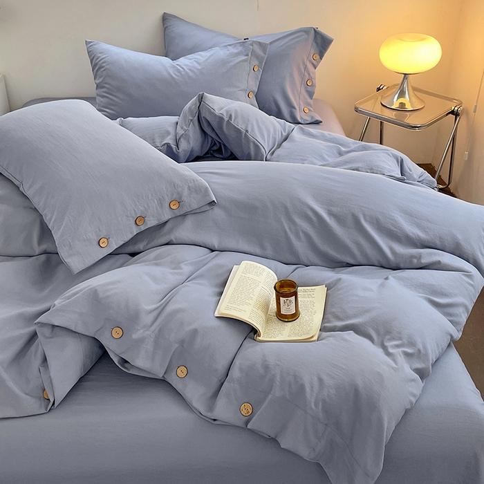 91家纺网 家纺一手货源 找家纺 yyds网供 2026新款A类仿汉麻棉麻纽扣款单品床单被套复古100%水洗棉无印风三件套酒店民宿 纽扣牛仔兰