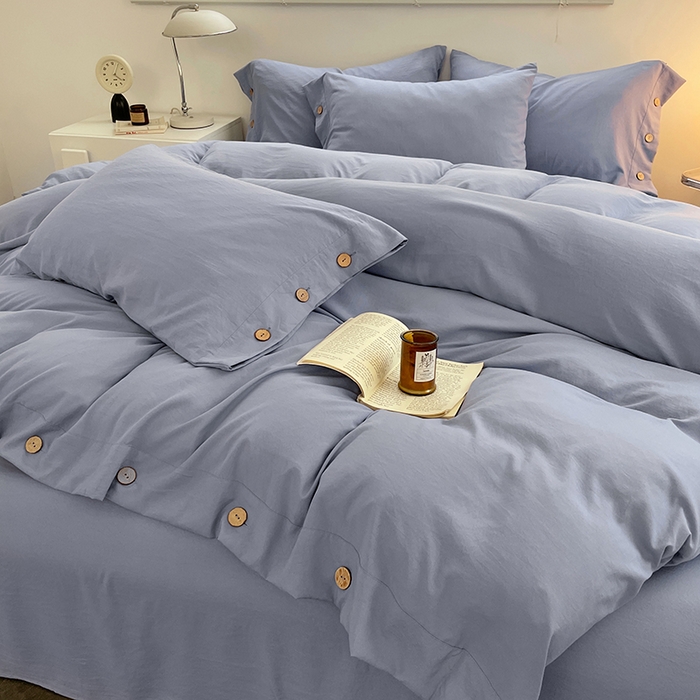 91家纺网 家纺一手货源 找家纺 yyds网供 2026新款A类仿汉麻棉麻纽扣款单品床单被套复古100%水洗棉无印风三件套酒店民宿 纽扣牛仔兰