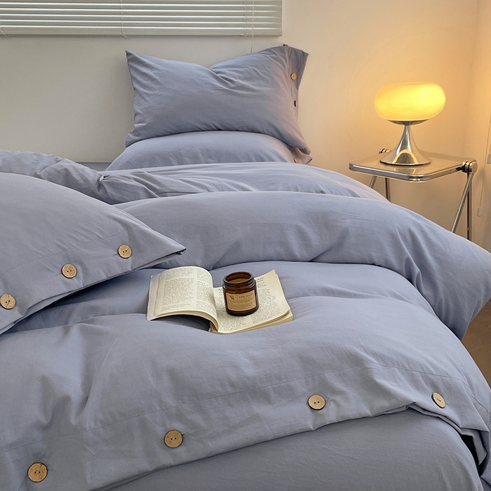 91家纺网 家纺一手货源 找家纺 yyds网供 2026新款A类仿汉麻棉麻纽扣款单品床单被套复古100%水洗棉无印风三件套酒店民宿 纽扣牛仔兰