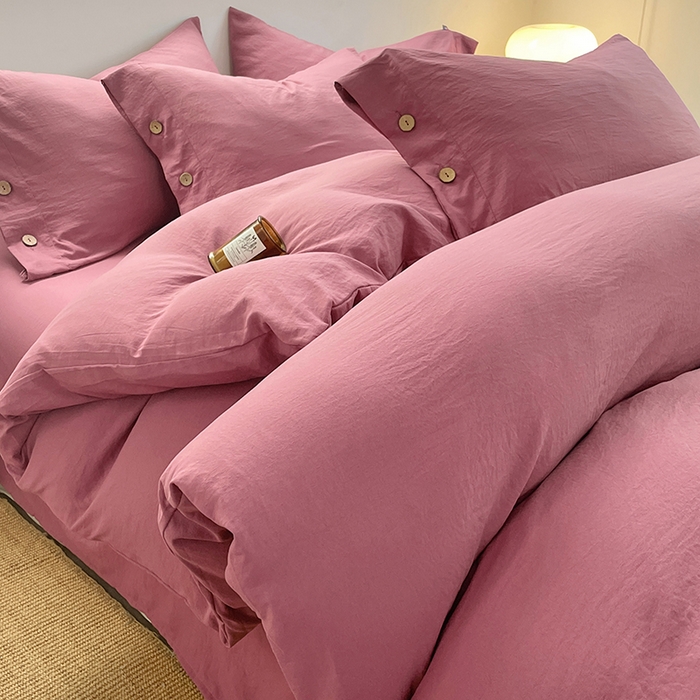 91家纺网 家纺一手货源 找家纺 yyds网供 2026新款A类仿汉麻棉麻纽扣款单品床单被套复古100%水洗棉无印风三件套酒店民宿 纽扣珊瑚红