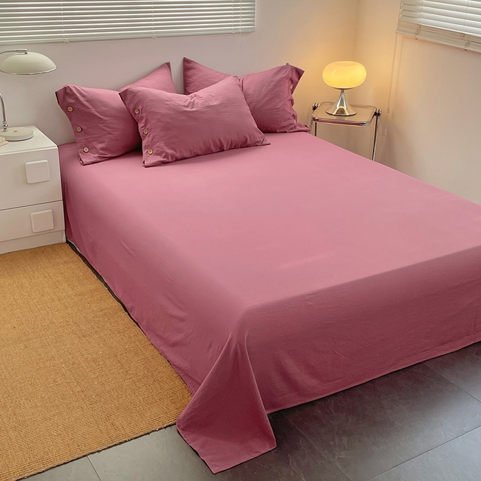 91家纺网 家纺一手货源 找家纺 yyds网供 2026新款A类仿汉麻棉麻纽扣款单品床单被套复古100%水洗棉无印风三件套酒店民宿 纽扣珊瑚红