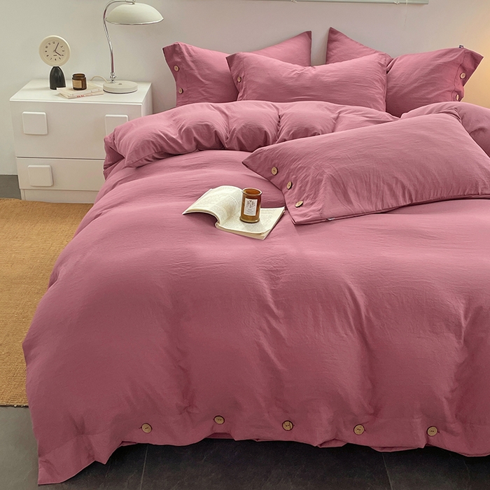 91家纺网 家纺一手货源 找家纺 yyds网供 2026新款A类仿汉麻棉麻纽扣款单品床单被套复古100%水洗棉无印风三件套酒店民宿 纽扣珊瑚红