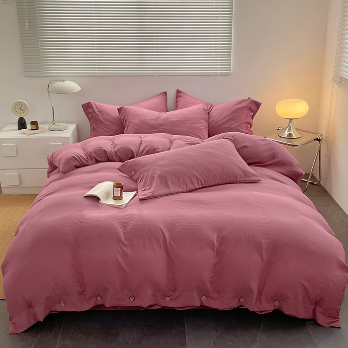 91家纺网 家纺一手货源 找家纺 yyds网供 2026新款A类仿汉麻棉麻纽扣款单品床单被套复古100%水洗棉无印风三件套酒店民宿 纽扣珊瑚红