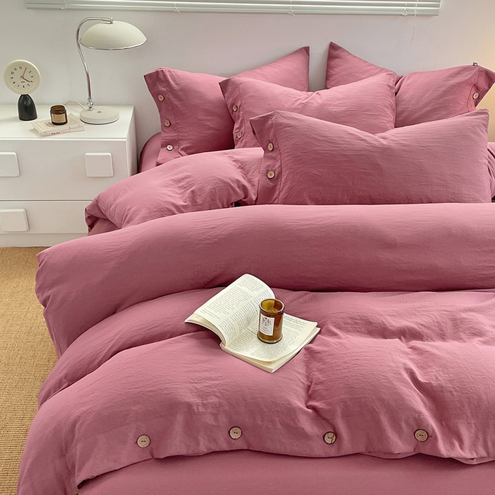 91家纺网 家纺一手货源 找家纺 yyds网供 2026新款A类仿汉麻棉麻纽扣款单品床单被套复古100%水洗棉无印风三件套酒店民宿 纽扣珊瑚红