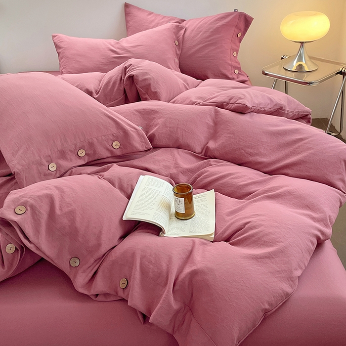 91家纺网 家纺一手货源 找家纺 yyds网供 2026新款A类仿汉麻棉麻纽扣款单品床单被套复古100%水洗棉无印风三件套酒店民宿 纽扣珊瑚红