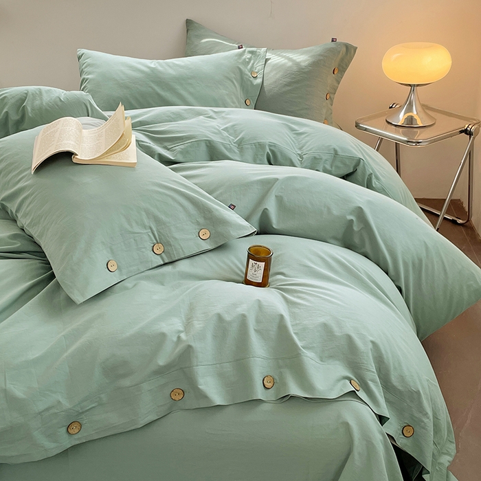 yyds网供 2026新款A类仿汉麻棉麻纽扣款单品床单被套复古100%水洗棉无印风三件套酒店民宿 纽扣松石绿