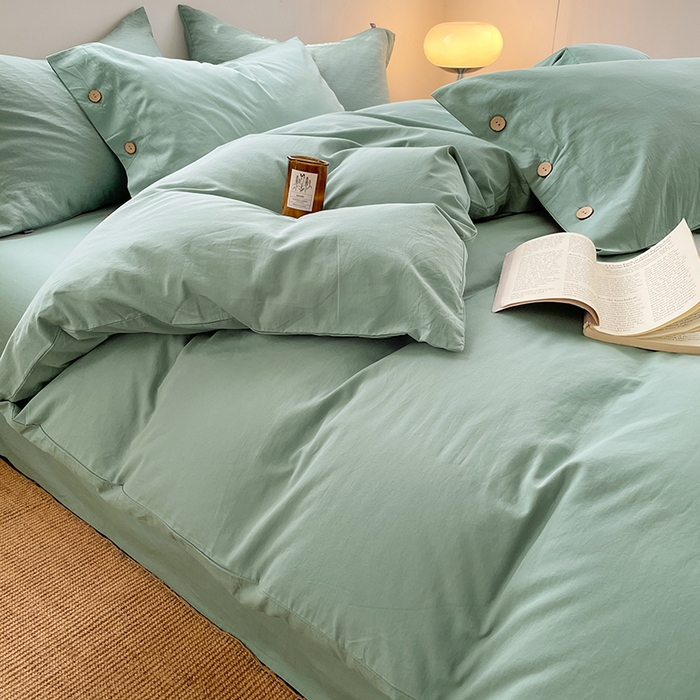 91家纺网 家纺一手货源 找家纺 yyds网供 2026新款A类仿汉麻棉麻纽扣款单品床单被套复古100%水洗棉无印风三件套酒店民宿 纽扣松石绿