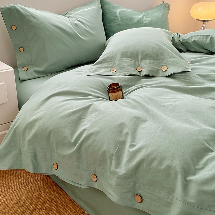 91家纺网 家纺一手货源 找家纺 yyds网供 2026新款A类仿汉麻棉麻纽扣款单品床单被套复古100%水洗棉无印风三件套酒店民宿 纽扣松石绿