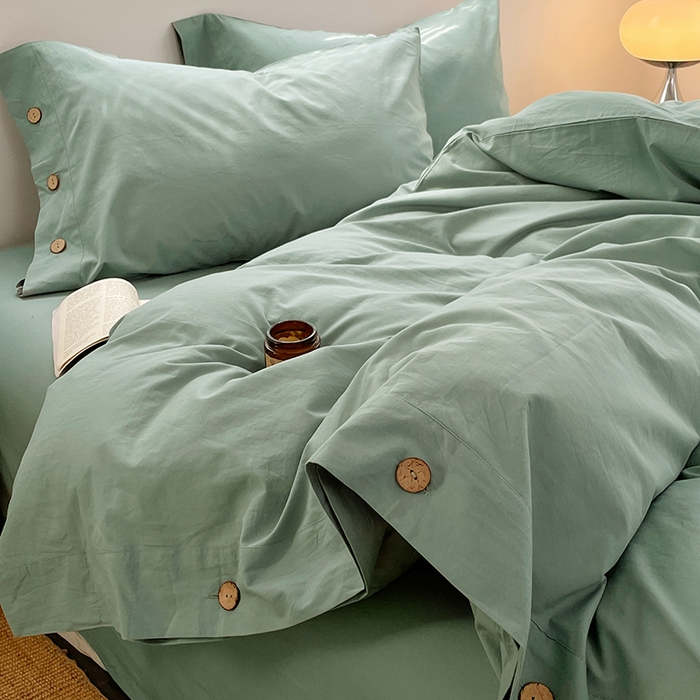 91家纺网 家纺一手货源 找家纺 yyds网供 2026新款A类仿汉麻棉麻纽扣款单品床单被套复古100%水洗棉无印风三件套酒店民宿 纽扣松石绿