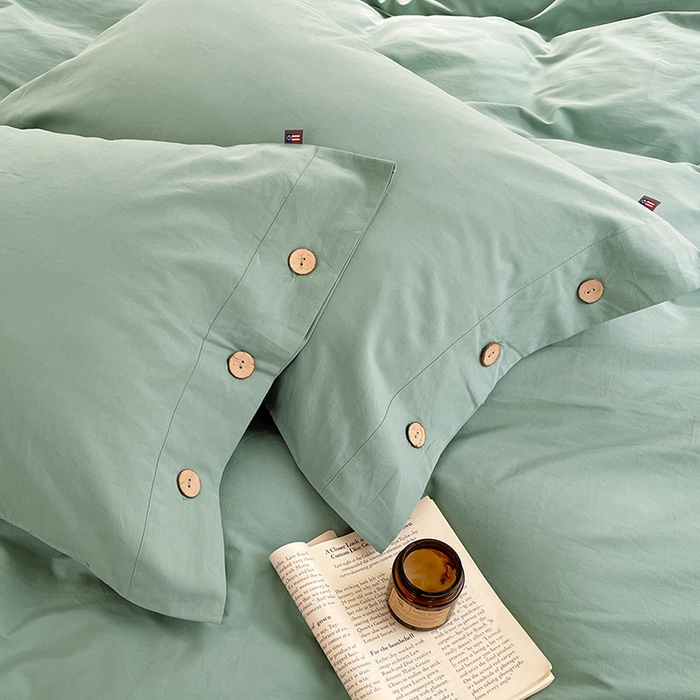 91家纺网 家纺一手货源 找家纺 yyds网供 2026新款A类仿汉麻棉麻纽扣款单品床单被套复古100%水洗棉无印风三件套酒店民宿 纽扣松石绿