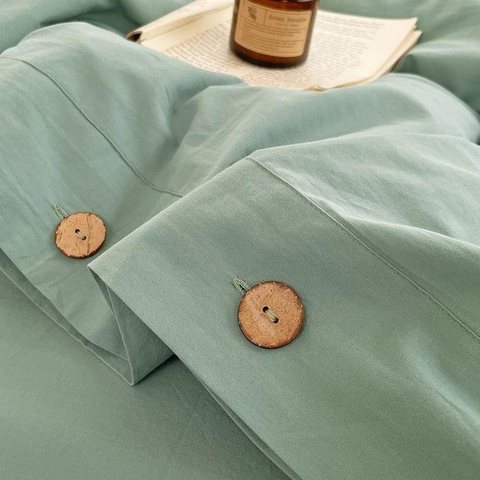 91家纺网 家纺一手货源 找家纺 yyds网供 2026新款A类仿汉麻棉麻纽扣款单品床单被套复古100%水洗棉无印风三件套酒店民宿 纽扣松石绿
