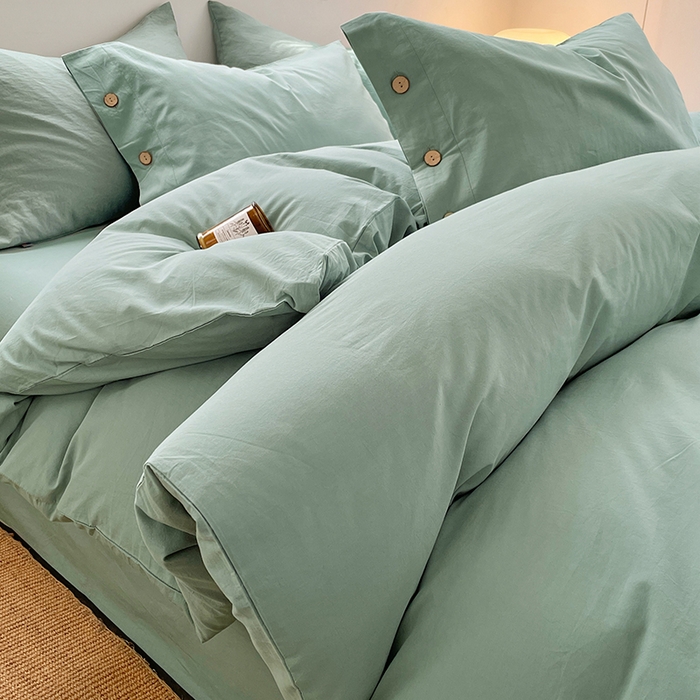 91家纺网 家纺一手货源 找家纺 yyds网供 2026新款A类仿汉麻棉麻纽扣款单品床单被套复古100%水洗棉无印风三件套酒店民宿 纽扣松石绿