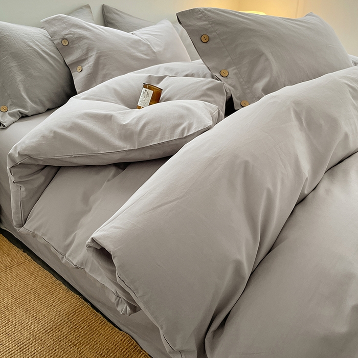 91家纺网 家纺一手货源 找家纺 yyds网供 2026新款A类仿汉麻棉麻纽扣款单品床单被套复古100%水洗棉无印风三件套酒店民宿 纽扣烟雨灰