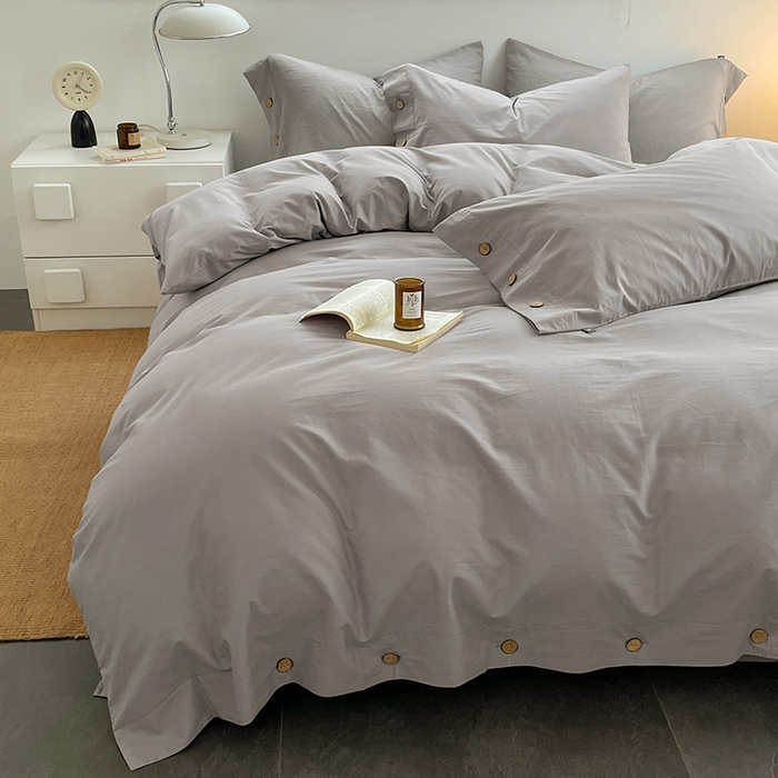 91家纺网 家纺一手货源 找家纺 yyds网供 2026新款A类仿汉麻棉麻纽扣款单品床单被套复古100%水洗棉无印风三件套酒店民宿 纽扣烟雨灰