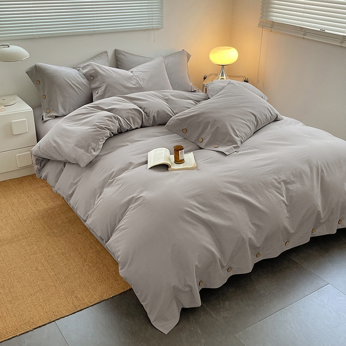 91家纺网 家纺一手货源 找家纺 yyds网供 2026新款A类仿汉麻棉麻纽扣款单品床单被套复古100%水洗棉无印风三件套酒店民宿 纽扣烟雨灰