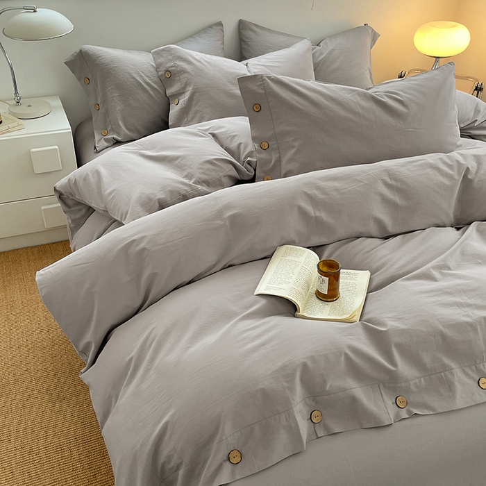 91家纺网 家纺一手货源 找家纺 yyds网供 2026新款A类仿汉麻棉麻纽扣款单品床单被套复古100%水洗棉无印风三件套酒店民宿 纽扣烟雨灰