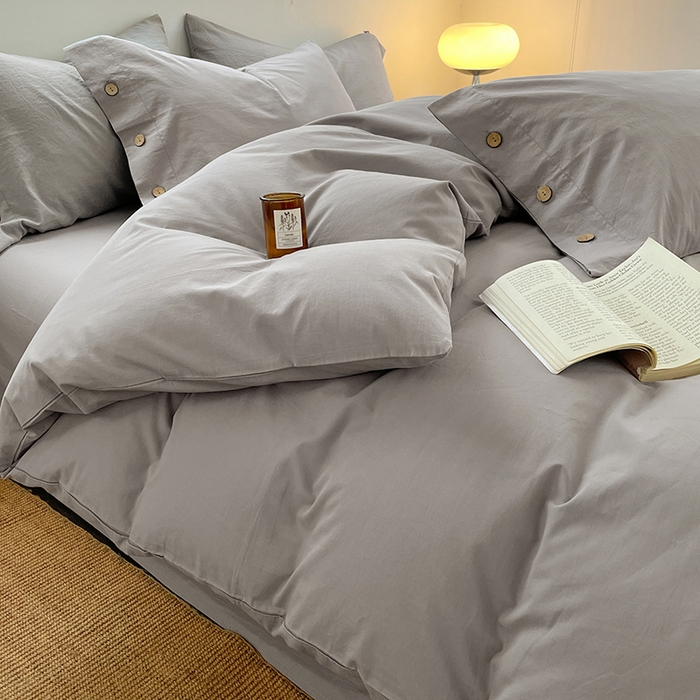 91家纺网 家纺一手货源 找家纺 yyds网供 2026新款A类仿汉麻棉麻纽扣款单品床单被套复古100%水洗棉无印风三件套酒店民宿 纽扣烟雨灰