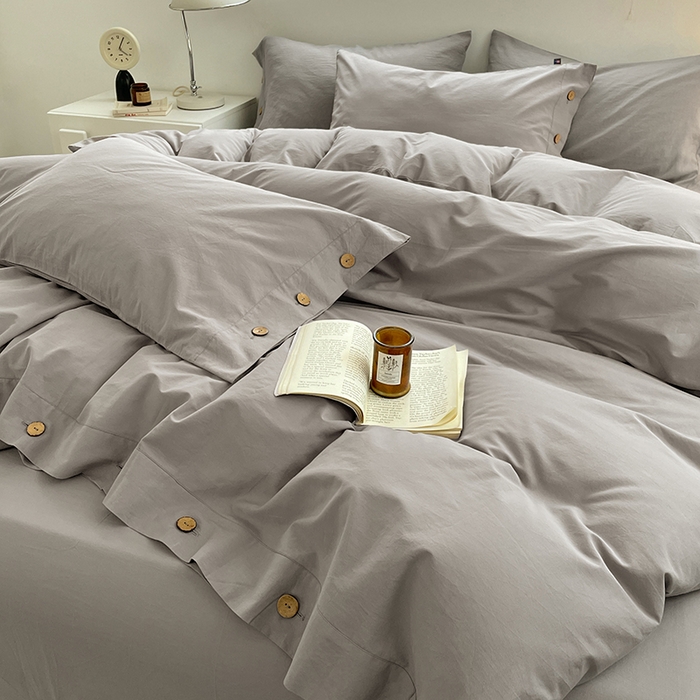 91家纺网 家纺一手货源 找家纺 yyds网供 2026新款A类仿汉麻棉麻纽扣款单品床单被套复古100%水洗棉无印风三件套酒店民宿 纽扣烟雨灰