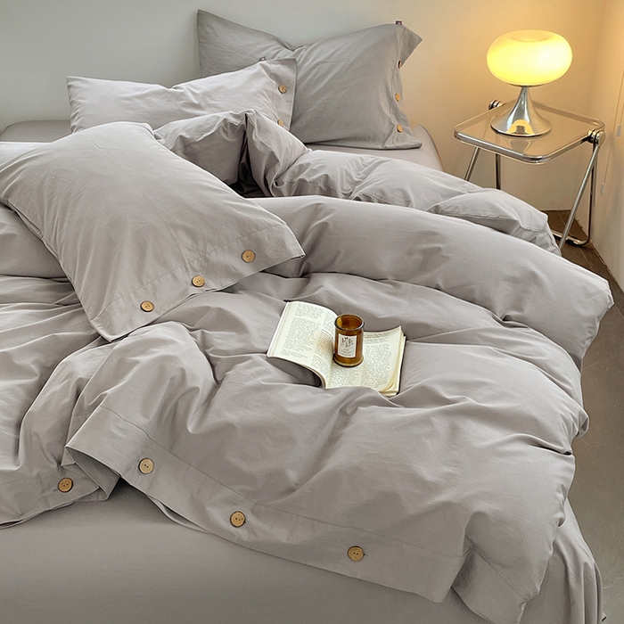 91家纺网 家纺一手货源 找家纺 yyds网供 2026新款A类仿汉麻棉麻纽扣款单品床单被套复古100%水洗棉无印风三件套酒店民宿 纽扣烟雨灰