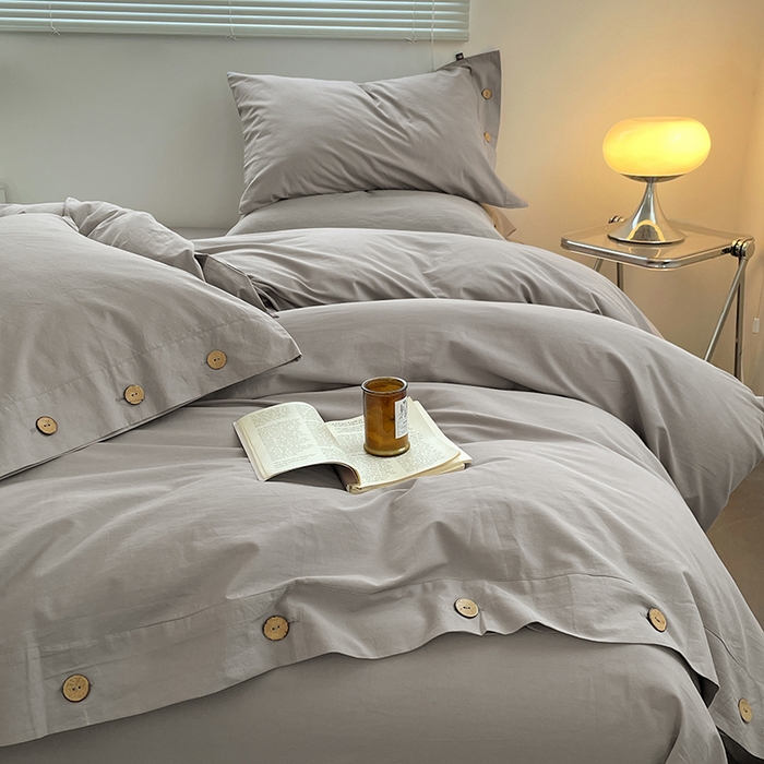 91家纺网 家纺一手货源 找家纺 yyds网供 2026新款A类仿汉麻棉麻纽扣款单品床单被套复古100%水洗棉无印风三件套酒店民宿 纽扣烟雨灰