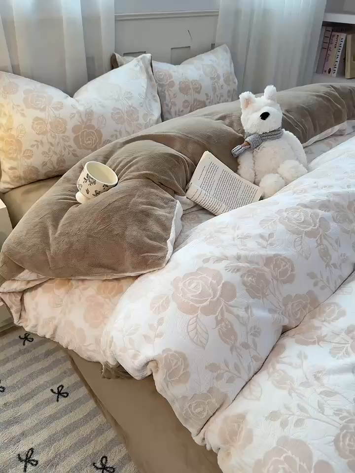 91家纺网 家纺一手货源 找家纺 欣宜家纺 2025新款雕花绒牛奶绒四件套 玫瑰花舞-咖