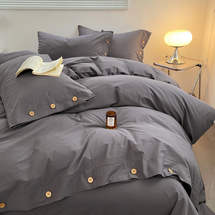 yyds网供 2026新款A类仿汉麻棉麻纽扣款单品床单被套复古100%水洗棉无印风三件套酒店民宿 纽扣银幽灰
