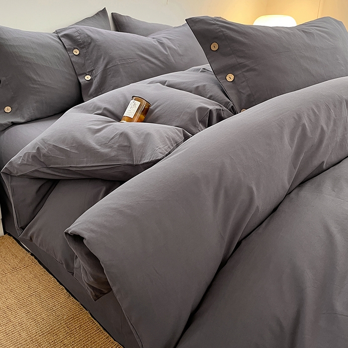 91家纺网 家纺一手货源 找家纺 yyds网供 2026新款A类仿汉麻棉麻纽扣款单品床单被套复古100%水洗棉无印风三件套酒店民宿 纽扣银幽灰