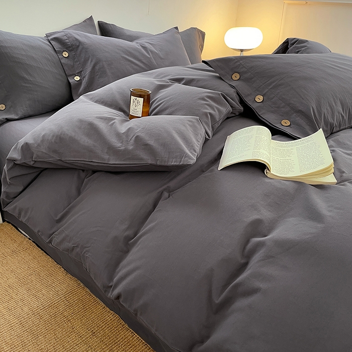 91家纺网 家纺一手货源 找家纺 yyds网供 2026新款A类仿汉麻棉麻纽扣款单品床单被套复古100%水洗棉无印风三件套酒店民宿 纽扣银幽灰