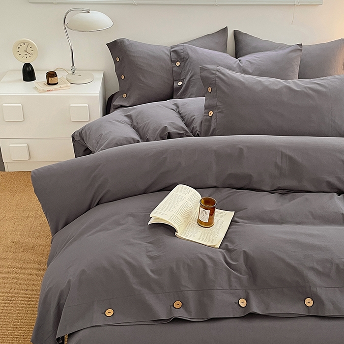 91家纺网 家纺一手货源 找家纺 yyds网供 2026新款A类仿汉麻棉麻纽扣款单品床单被套复古100%水洗棉无印风三件套酒店民宿 纽扣银幽灰