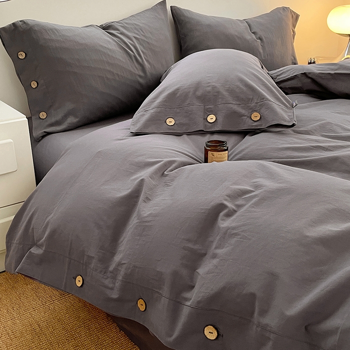 91家纺网 家纺一手货源 找家纺 yyds网供 2026新款A类仿汉麻棉麻纽扣款单品床单被套复古100%水洗棉无印风三件套酒店民宿 纽扣银幽灰