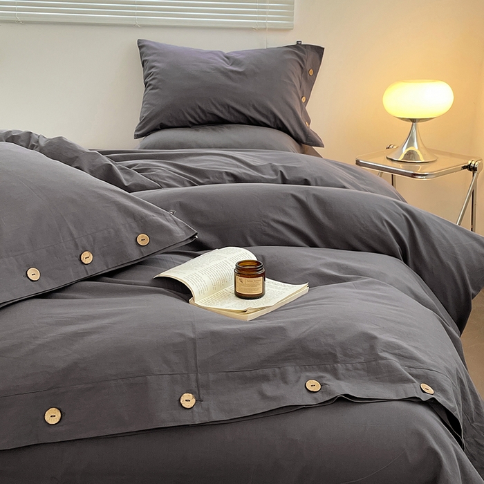 91家纺网 家纺一手货源 找家纺 yyds网供 2026新款A类仿汉麻棉麻纽扣款单品床单被套复古100%水洗棉无印风三件套酒店民宿 纽扣银幽灰