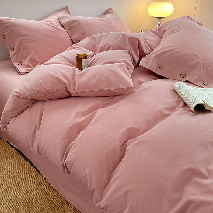 91家纺网 家纺一手货源 找家纺 yyds网供 2026新款A类仿汉麻棉麻纽扣款单品床单被套复古100%水洗棉无印风三件套酒店民宿 纽扣樱岚粉