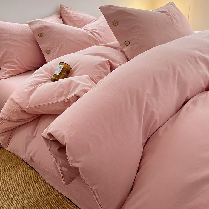 91家纺网 家纺一手货源 找家纺 yyds网供 2026新款A类仿汉麻棉麻纽扣款单品床单被套复古100%水洗棉无印风三件套酒店民宿 纽扣樱岚粉